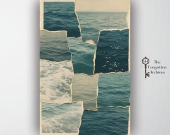 Ocean Collage Poster – Vintage Torn Paper Sea Print, Coastal Aesthetic Wall Art, Blue Water Decor