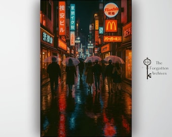 Lámina de Shibuya Neon Rain – Arte mural de una escena callejera lluviosa de Tokio, póster de la vida nocturna urbana japonesa