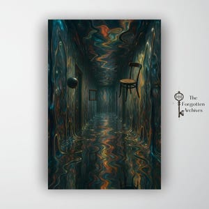 Surreal Corridor Print II – Melting Walls, Floating Chair & Sphere