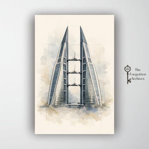Op de afbeelding: Waterverfprint van een modern architectonisch ontwerp met twee hoge, symmetrische torens verbonden door bruggen. De torens zijn voornamelijk grijs met blauwe accenten, tegen een zachte, neutrale achtergrond. Het logo The Forgotten Archives staat rechtsonder.