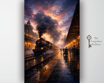 Vintage Steam Train Station Poster – Cinematic Railway Wall Art Print