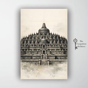 Puede incluir: Una impresión en tonos sepia del templo de Borobudur en Indonesia. La imagen representa el antiguo templo budista con su estructura escalonada y estupas en forma de campana. El logotipo de The Forgotten Archives está en la esquina inferior derecha.