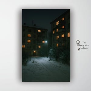 Può includere: Fotografia notturna di due condomini con finestre illuminate. Un sentiero innevato conduce tra gli edifici, illuminato da un lampione. Il cielo scuro e la neve creano un'atmosfera tranquilla e solitaria.