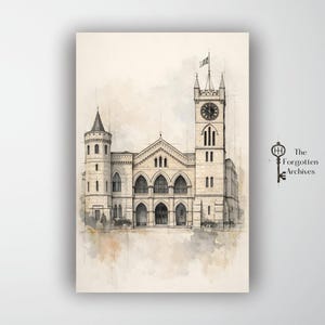 May include: A sepia-toned architectural print depicting a detailed pen and ink drawing of a grand building with a clock tower. The artwork includes watercolor washes. The Forgotten Archives logo is in the lower right corner. The print has a vintage style.