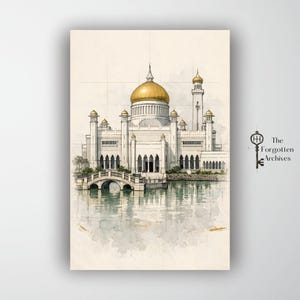 May include: Watercolor print of a white mosque with a gold dome and minarets, reflected in the water. A small bridge leads to the mosque. The text "The Forgotten Archives" is in the lower right corner.