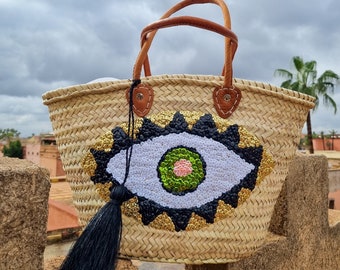 Boho Evil Eye Rattan Paper Straw Wicker Round Beach Tote Bag