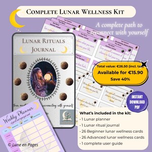 Peut inclure: Un kit de bien-être lunaire complet comprenant un journal des rituels lunaires avec une illustration centrale d'une personne tenant une lune brillante, entourée de phases lunaires. Inclut un planificateur hebdomadaire, 26 cartes de bien-être et un guide.