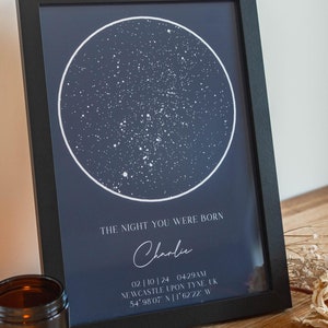 Carte du ciel personnalisée pour bébé, carte du ciel nocturne étoiles et constellations, cadeau de naissance, souvenir de bébé
