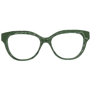May include: Green cat-eye eyeglasses with a decorative white pattern on the outer edges. The frames have a classic shape and are made of a solid, opaque material. The lenses are clear.