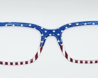 Patriotic red, white, and blue eyewear toppers for glasses such as Pair.