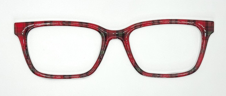May include: Red and black plaid eyeglasses with a rectangular frame. The glasses have a bold, patterned design, with a classic tartan pattern. The frames are thick and sturdy, offering a stylish look. The lenses are clear, and the overall design is modern.