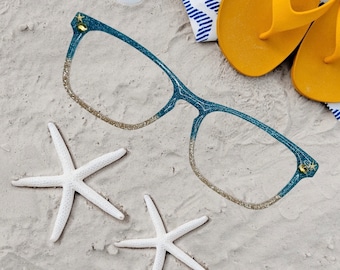 Glitter Seashore Eyeglass Toppers made to fit eyeglasses such as Pair.