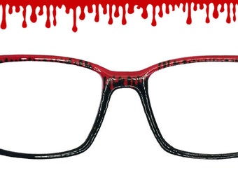 Peut inclure: Lunettes rectangulaires avec une monture noire et rouge, ornées d'un motif de gouttes de sang sur le bord supérieur. Les lunettes sont posées sur un fond blanc, avec une rangée de gouttes de sang au-dessus.