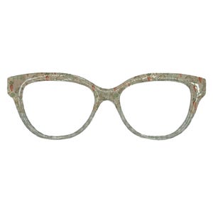May include: A pair of eyeglasses with a light-colored frame. The frame is decorated with a pattern of small carrots and other vegetables. The lenses are clear, and the overall style is retro.