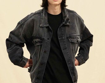 GEVERFD JEAN JAS, Y2K jas, zwarte spijkerjas, streetwear jas, unisex stijlvol, oversize fit klassieke vintage jas, cadeau voor hem
