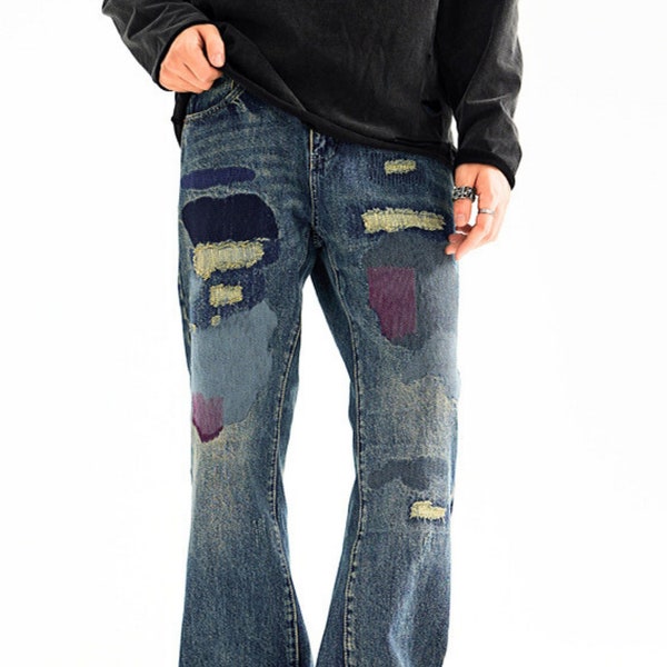 JEAN GRUNGE POUR HOMMES Pantalon en denim vieilli Jean ample à mi-taille, nouveau jean automne 2023, jean homme déchiré