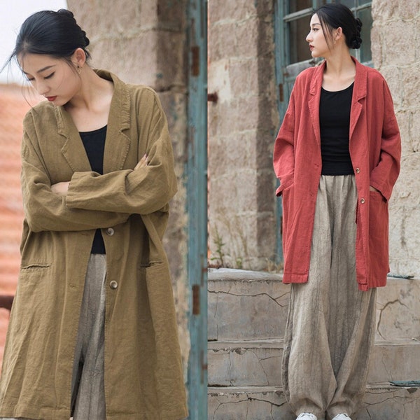 LINEN COTTON Women Loose Fitting Windbreaker Coat Cardigan-Style Outerwear, Breathable Fabric For Summer Elegant Casual Daily Look