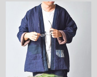 LIN teint à l'indigo vintage chinois moderne Hanfu veste manteau rembourré veste vêtements d'extérieur en patchwork fabriqués à la main pour hommes vous donneront un look élégant