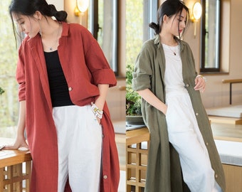 LINEN COTTON Women Loose-Fitting Windbreaker Long Cardigan-Style Outerwear, Breathable Fabric For Summer Casual Daily Look