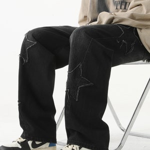 EMBROIDERED JEANS, Y2k Jeans, STAR Pants, New 2023 Autumn Jeans, Men's Jeans, Women's jeans, Baggy Jeans Wild Leg, Denim Pants Trousers Black