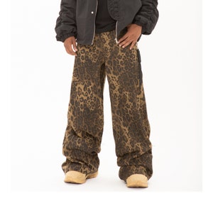 LEOPARD PRINT PANTS Wild Leg With a Distinctive Dual Rope and Hook Accent ,New 2024 High Street Vibe Men's Baggy Mid Waist Pants Trouser