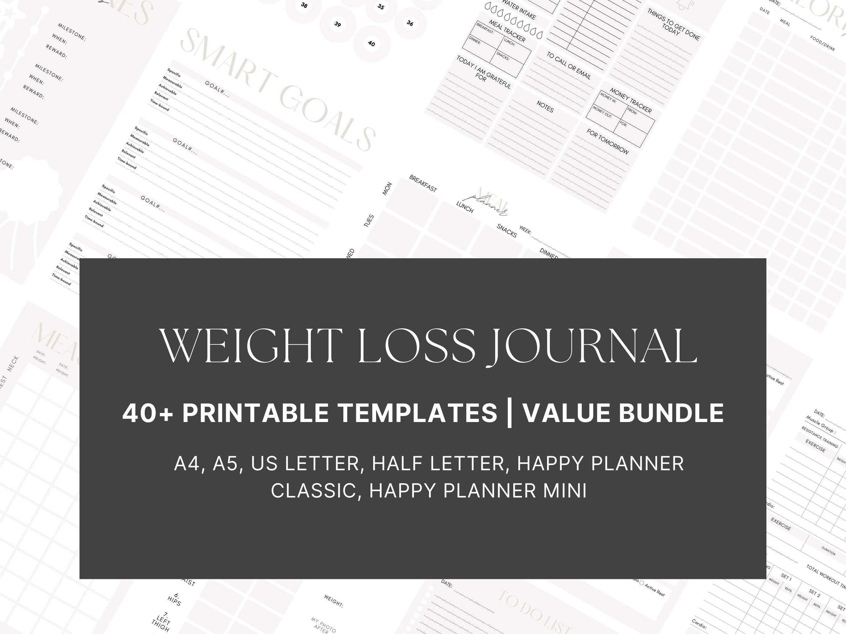 Printable Weight Loss Journal, Digital Minimalist Weightloss Fitness Planner, Room for Binding ...