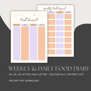 Diario de alimentos imprimible, seguimiento de alimentos diario y semanal, plantilla para registrar nutrición y perder peso, A4, A5, L de EE. UU., media letra, descarga digital PDF