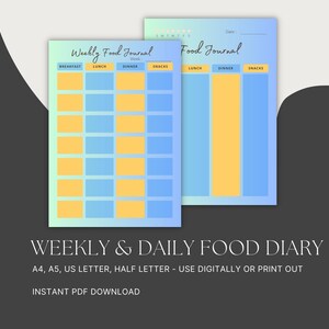 Diario de alimentos imprimible, seguimiento de alimentos diario y semanal, plantilla para registrar nutrición y perder peso, A4, A5, L de EE. UU., media letra, descarga digital PDF