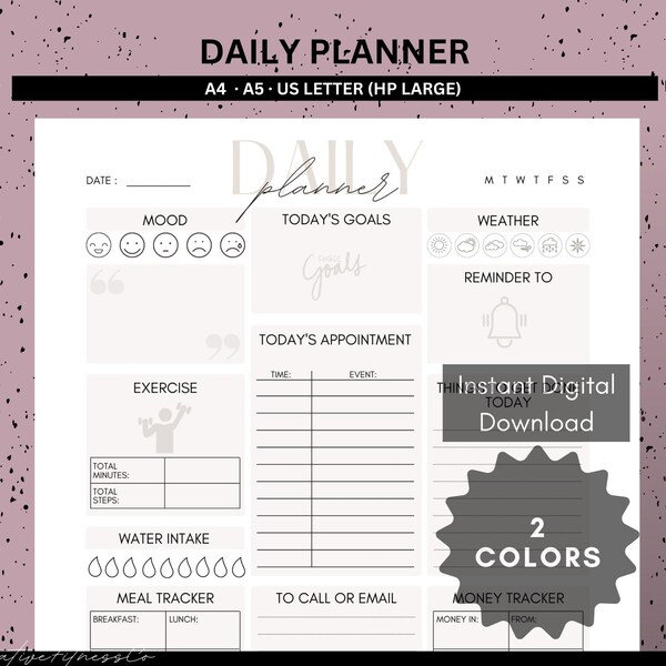 One-Page Daily Planner, Undated Soft Pink Light Grey Schedule, Printable A4 A5 US Letter Productivity Planner, Get Organized Now