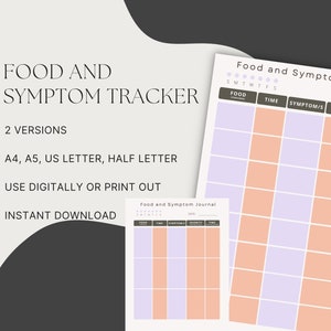 Rastreador de alimentos y síntomas, diario de síntomas imprimible, SII, sensibilidad a los alimentos, control del dolor, inserción del planificador A4 A5 EE. UU. Carta Media carta PDF