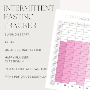 Rastreador de ayuno intermitente semanal rosa imprimible, diario de ayuno, registro IF, inserto de planificador feliz, tamaño carta A4 A5 PDF, descarga instantánea