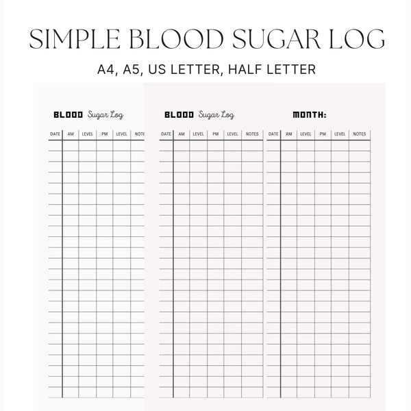 Simple Blood Sugar Log Glucose Printable Template Minimalist Aesthetic Diabetes Tracker Digital Download A4 A5 US/Half Letter Sizes PDF