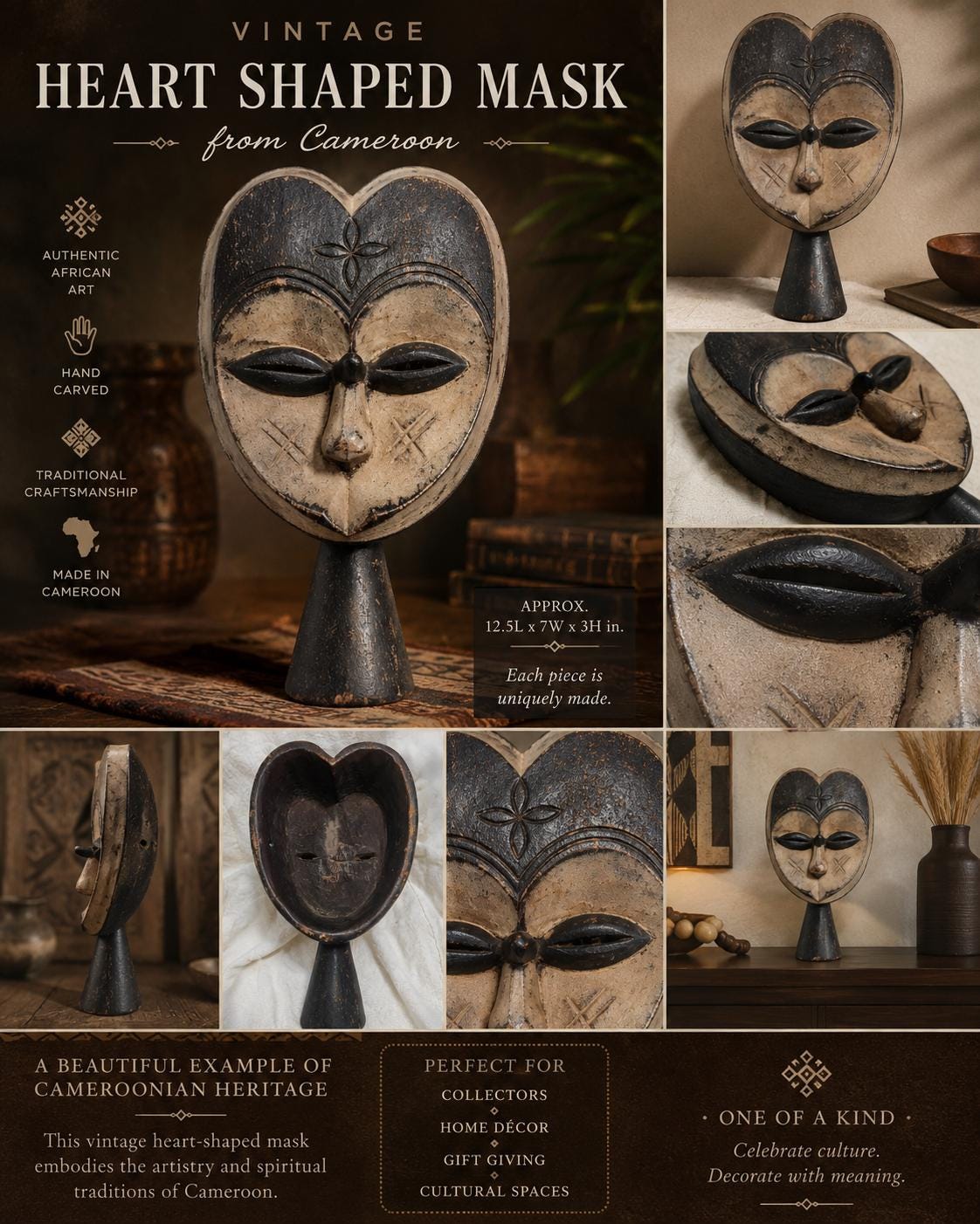 Heart Shaped Mask | Cameroon | African Wall Art | Vintage | FREE