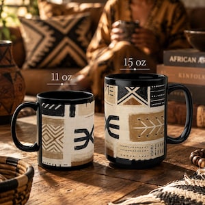 African Inspired Coffee Mug | Afro Boho Mud Cloth Style Mug | Black Ceramic Mug
