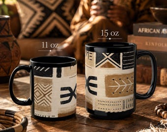 African Inspired Coffee Mug | Afro Boho Mud Cloth Style Mug | Black Ceramic Mug