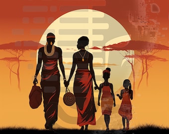 May include: A family of four, two adults and two children, walking in silhouette against a sunset background. The adults are wearing long, flowing robes and the children are wearing shorter dresses. The family is walking towards a large, bright sun.