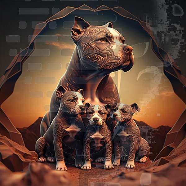 Printable | Pitbull and Her Adorable Pups | AI | Family Portrait