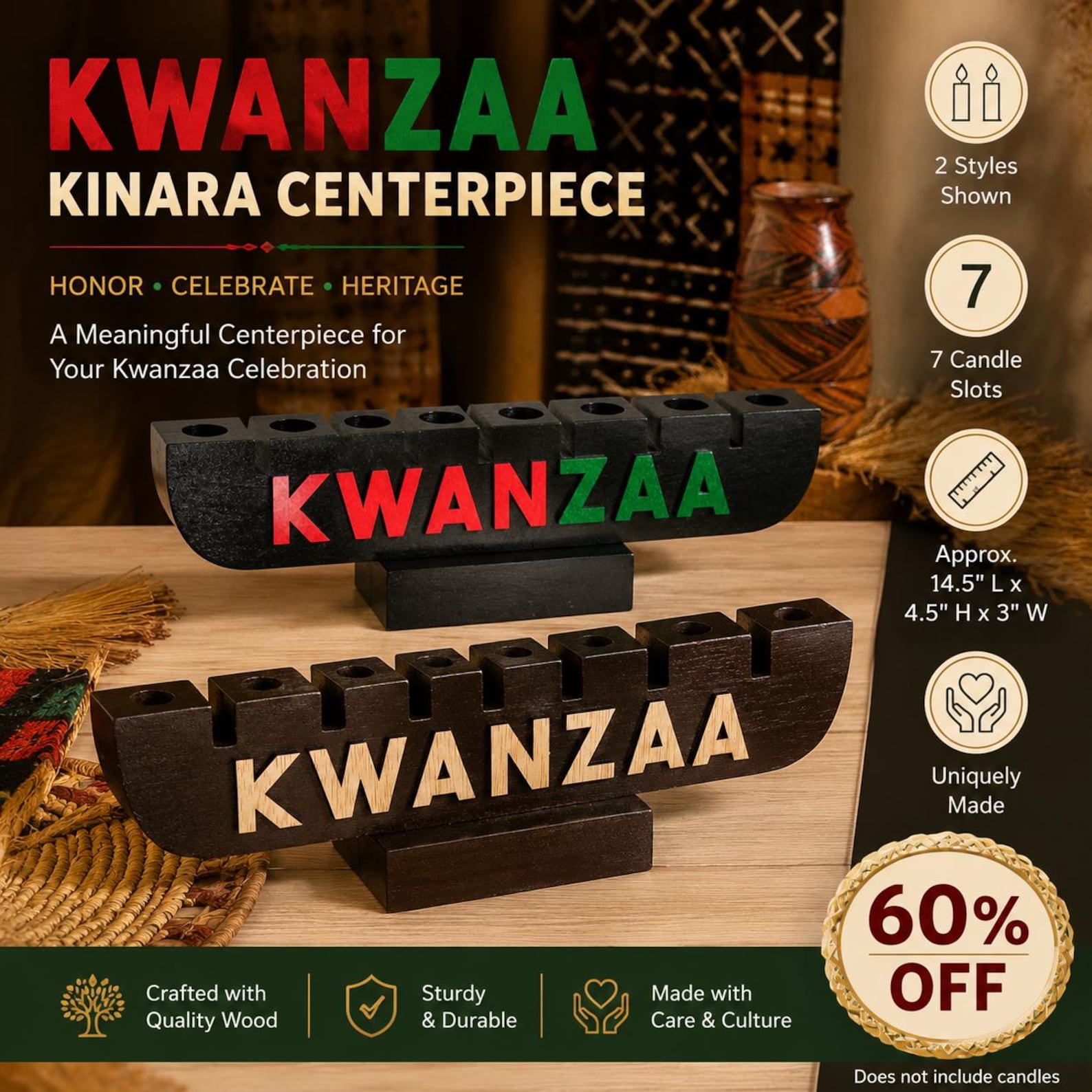 CLEARANCE | Hand Carved Kinara Kwanzaa Candle Holder | Authentic | Kwanzaa Décor Gift