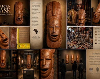 Vintage African Hand-Carved Wood Mask | 20” Cultural Wall Art | Tribal-Inspired Wooden Face Sculpture | Warm Earth-Tone Home Decor