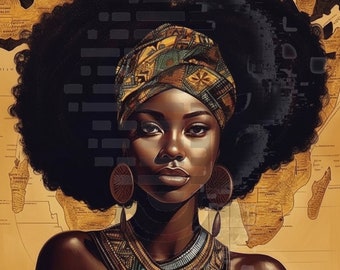 May include: A portrait of a woman with dark brown skin, wearing a colorful patterned head wrap and a gold necklace. She has dark brown eyes and a serious expression. The background is a vintage map with a gold and brown color scheme.
