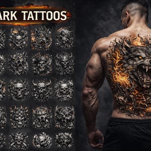 Puede incluir: Imagen que presenta 40 diseños de tatuajes oscuros, incluyendo calaveras y criaturas demoníacas. Se muestra a una persona musculosa con un gran tatuaje de lobo en la espalda, con detalles de fuego. El texto "40 DARK TATTOOS" está en la parte superior.