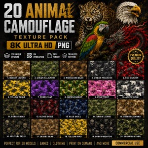 Pode incluir: Um pacote de texturas digitais intitulado 20 ANIMAL CAMOUFLAGE TEXTURE PACK 8K ULTRA HD PNG apresentando uma colagem de vinte padrões de camuflagem distintos com temas de animais e caveiras, incluindo designs de jaguar, jacaré e dragão.