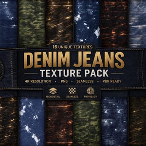 May include: A digital product showcasing 16 unique denim jeans textures. The image features a variety of distressed denim patterns in shades of blue, brown, and green. The text reads "DENIM JEANS TEXTURE PACK" with details about 4K resolution, PNG, and seamless design.
