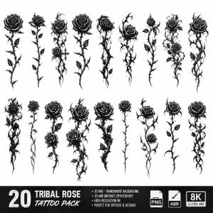 Könnte beinhalten: Eine Sammlung von 20 schwarz-weißen digitalen Illustrationen mit Rosen und dornigen Stielen. Der Text lautet 20 TRIBAL ROSE TATTOO PACK, 20 PNG - TRANSPARENT BACKGROUND, 20 ABR BRUSHES (PHOTOSHOP), HIGH RESOLUTION 8K, PERFECT FOR TATTOOS & DESIGNS.
