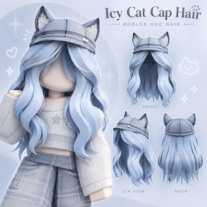 Puede incluir: Un peinado de avatar digital titulado Icy Cat Cap Hair que presenta cabello largo y ondulado de color azul claro combinado con una gorra de cuadros gris que tiene orejas de gato. El conjunto incluye vistas frontal, de 3/4 y trasera del accesorio para el cabello, mostrando la gorra texturizada y los mechones azules fluidos sobre un fondo azul claro con iconos gráficos.