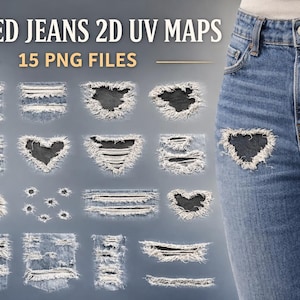 May include: The image displays a collection of 15 PNG files featuring ripped denim textures. The designs include various shapes and sizes of distressed denim, including heart shapes and rectangular patches. The text "RIPPED JEANS 2D UV MAPS" is at the top.