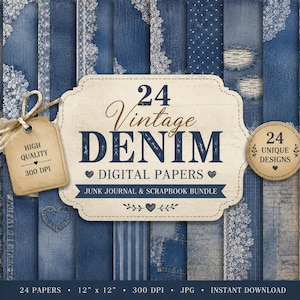 Puede incluir: Una colección de 24 papeles digitales vintage de mezclilla con varias texturas de mezclilla azul, encaje y parches. La imagen incluye una etiqueta que dice "High Quality 300 DPI" y un letrero que dice "24 Vintage DENIM Digital Papers". Los papeles miden 30.48 cm x 30.48 cm.