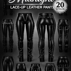 Puede incluir: Imagen que muestra veinte estilos de pantalones de cuero negro con cordones. Los diseños incluyen pantalones con ojales, cadenas y cremalleras. Las palabras "Midnight" y "Lace-Up Leather Pants" se muestran en la imagen.
