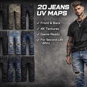 May include: A display of twenty pairs of jeans in various shades of blue, black, and khaki, with distressed details. The image includes the text "20 JEANS UV MAPS" and a man wearing ripped jeans.