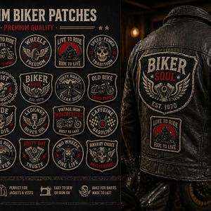 Puede incluir: Un conjunto de 20 parches de motero de mezclilla con diseños de motocicletas, calaveras y frases como "Biker Soul" y "Ride or Die". Los parches se muestran con una chaqueta de cuero negra.